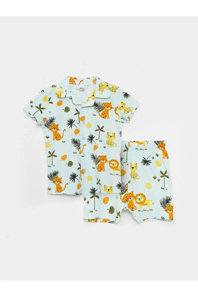 Polo Yaka Kısa Kollu Baskılı Pamuklu Erkek Bebek Pijama Takımı 2'li