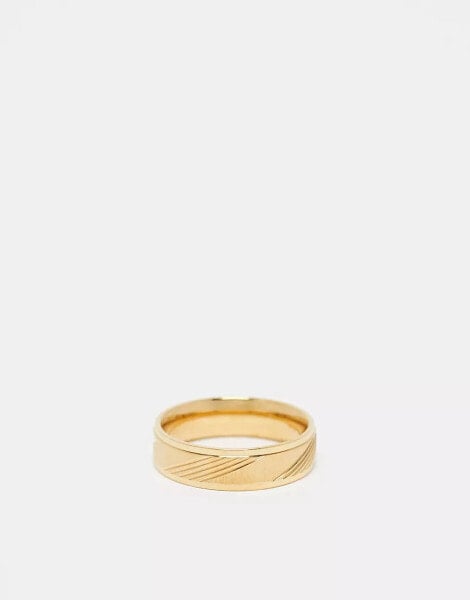 ASOS DESIGN waterproof stainless steel band ring with horizontal embossed design in gold tone