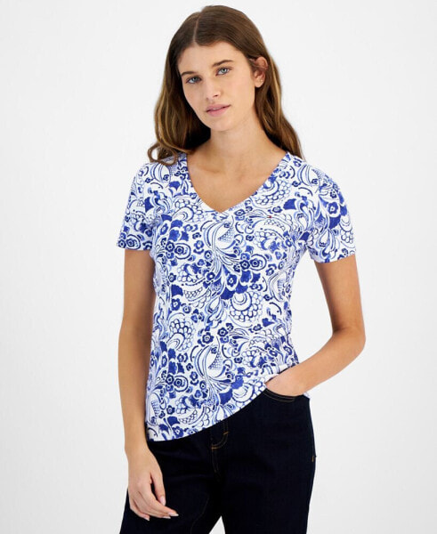 Women's Cotton Floral-Print V-Neck Top