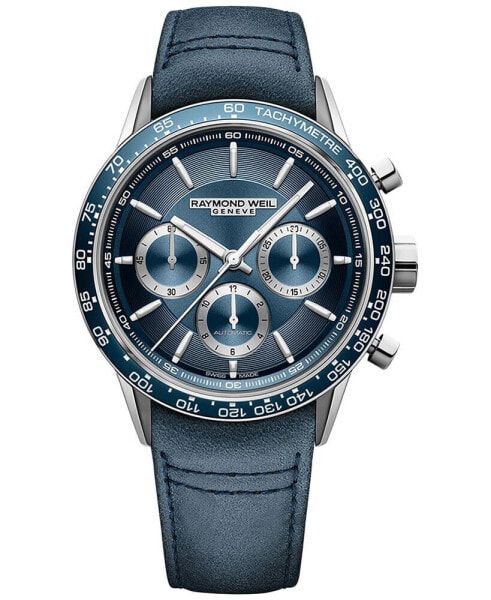 Men's Swiss Automatic Chronograph Freelancer Blue Leather Strap Watch 44mm