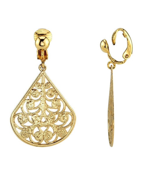 Gold Tone Filigree Teardrop Clip Earrings