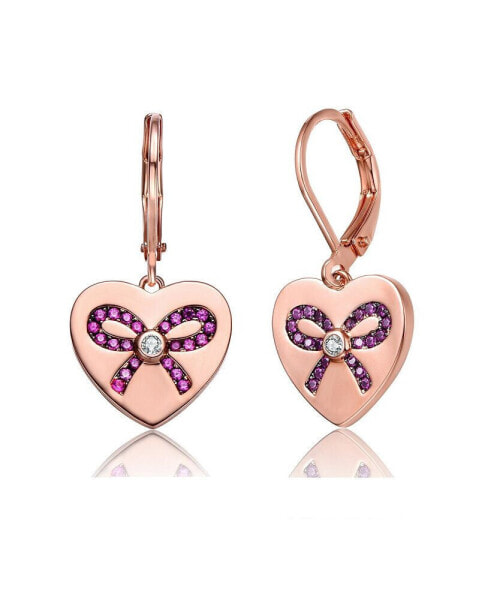 Kids/Young Teens 18K Rose Gold Plated with Infinity Ribbon Paved on Heart Shaped Dangle Earrings