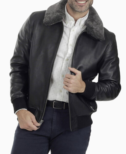 Men's Removable-Collar Leather Bomber Jacket