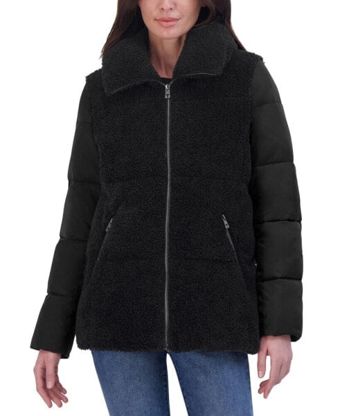 Women's Mixed-Media Stand-Collar Puffer Coat