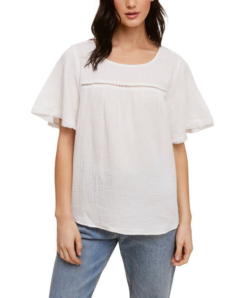 Cotton Gauze Top with Ric Rack Trim at Yoke