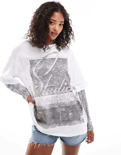 ASOS DESIGN oversized t-shirt with photographic print and sequin sleeves in white