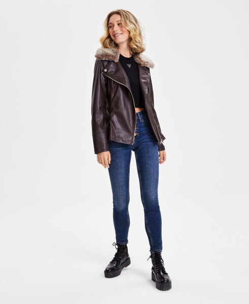 Women's Faux-Fur-Trim Faux-Leather Asymmetric Belted Moto Jacket