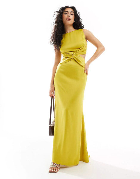 TFNC satin deep V back waist cut out satin maxi dress in lime