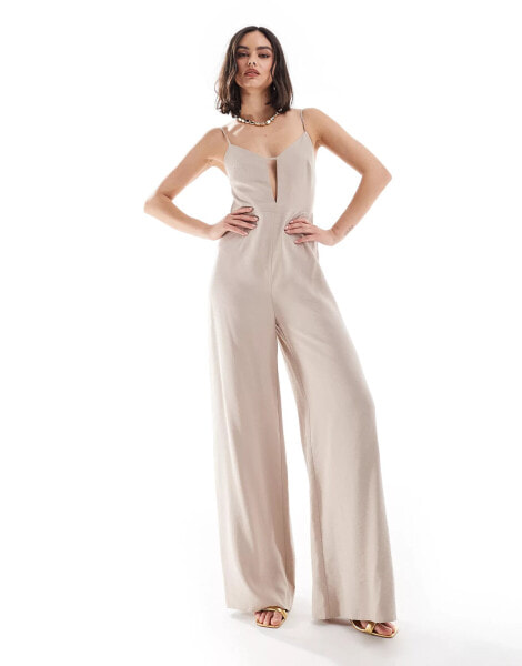 ASOS DESIGN strappy cut out structured straight leg jumpsuit in taupe