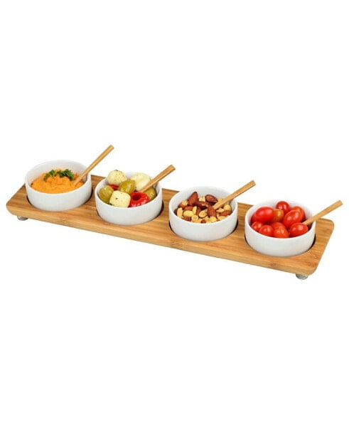 Bamboo Divided Serving Platter with 4 Bowls and 4 Bamboo Spoons