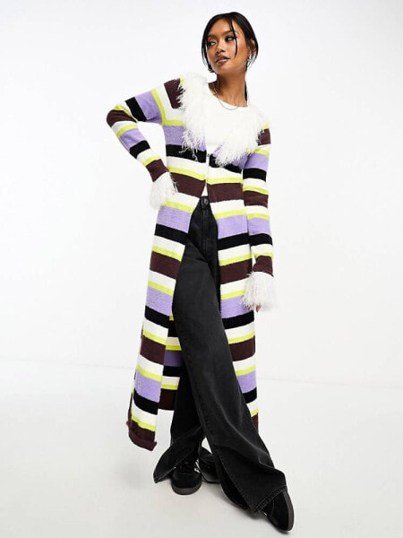 Annorlunda faux fur edged stripe longline cardigan in multi