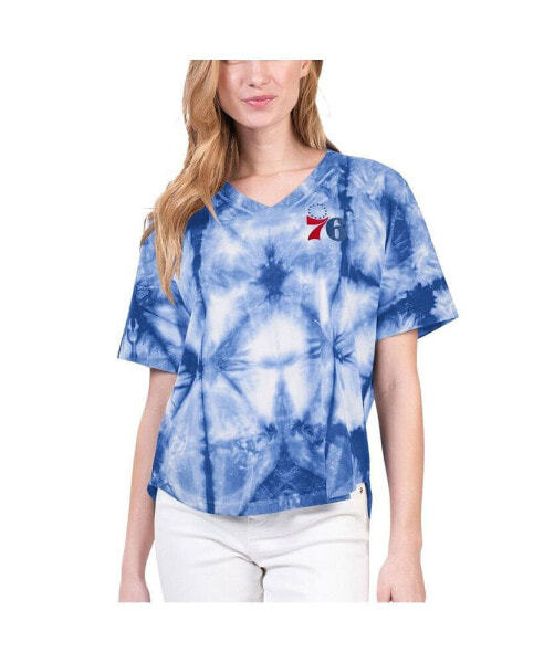 Women's Royal Philadelphia 76ers Tournament Raglan Oversized Tie-Dye V-Neck T-shirt