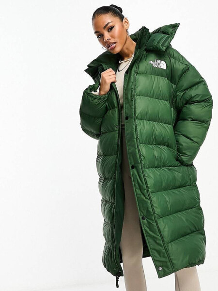 The North Face Acamarachi oversized long puffer coat in dark green Exclusive at ASOS