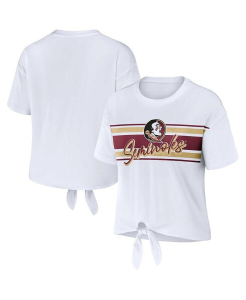 Women's White Florida State Seminoles Striped Front Knot Cropped T-shirt