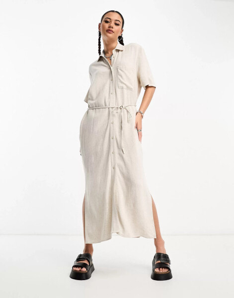 Weekday Corin linen mix midi shirt dress in off white