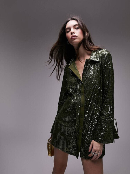 Topshop co-ord sequin oversized shirt in green