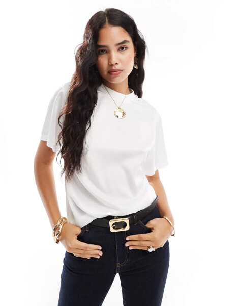 ASOS DESIGN satin t shirt with ribbed neckline in white