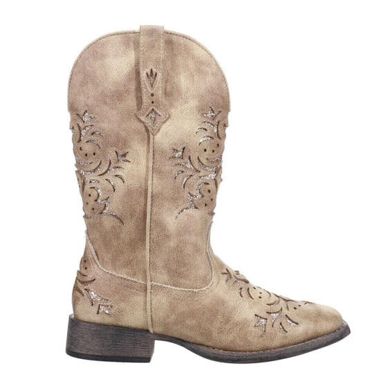 Roper Kennedy Glitter Tooled Inlay Square Toe Cowboy Womens Beige Casual Boots