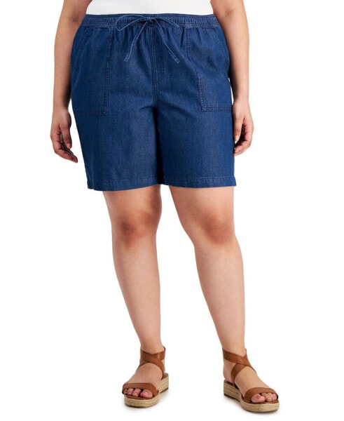 Plus Size Chambray Drawstring Pull-On Shorts, Created for Macy's