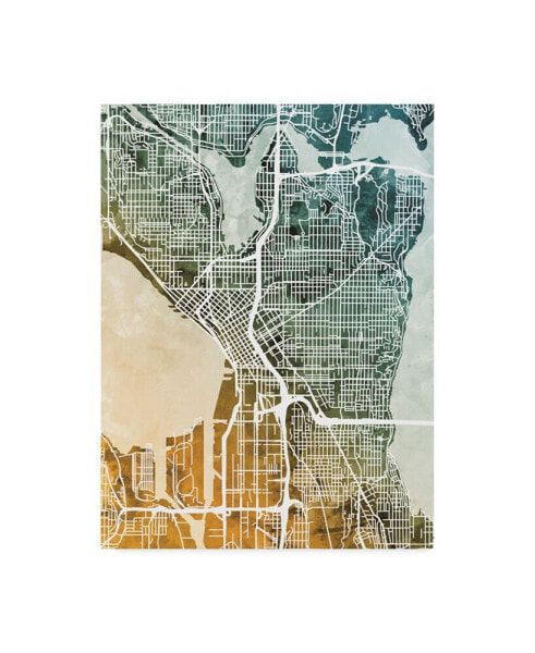 Michael Tompsett Seattle Washington Street Map Teal Orange Canvas Art - 15" x 20"