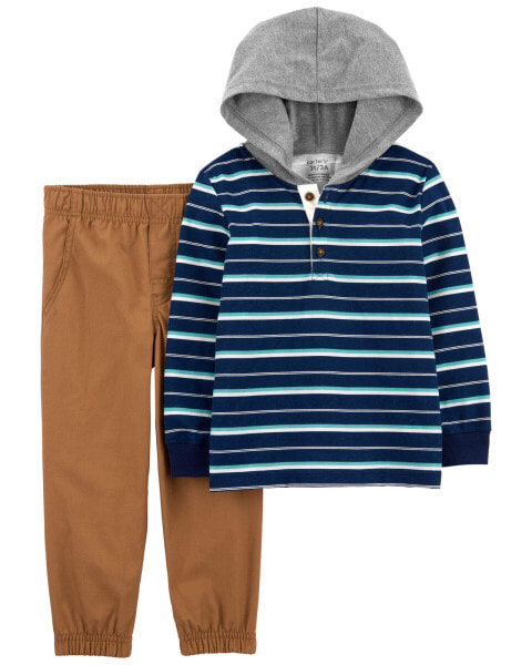 Baby 2-Piece Striped Hooded Tee & Canvas Pant Set 3M