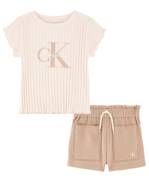 Toddler Girls Ribbed Logo T-shirt and Crepe French Terry Shorts, 2 Piece Set