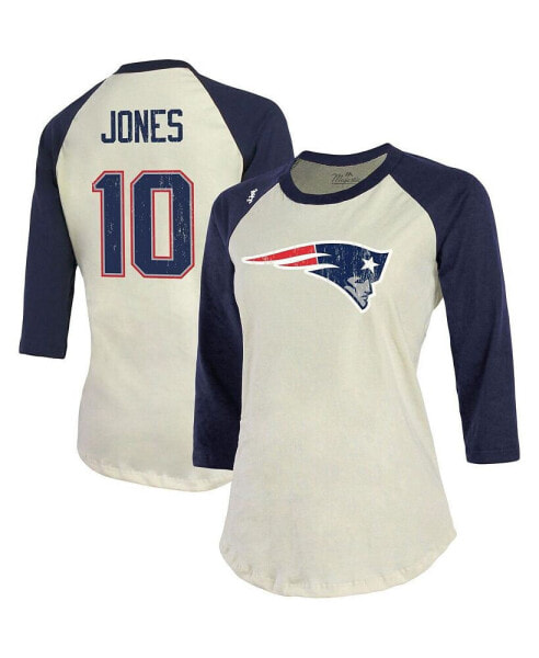 Women's Threads Mac Jones Cream, Navy New England Patriots Player Name and Number Raglan 3/4-Sleeve T-shirt