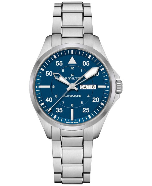 Men's Swiss Automatic Khaki Aviation Day Date Stainless Steel Bracelet Watch 42mm