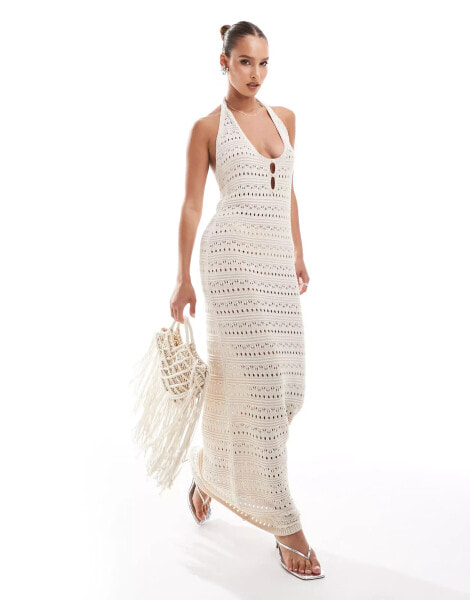 ASOS DESIGN knitted halter maxi dress in ecru