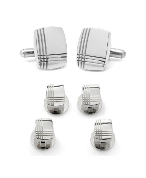 Men's Stainless Steel Tartan Plaid Cufflinks and Stud Set, 6 Piece Set