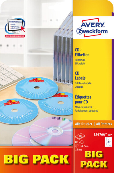 Avery Zweckform Avery CD/DVD Labels - White - A4 - Paper - Laser/Inkjet - Permanent - FSC Mix Credit
