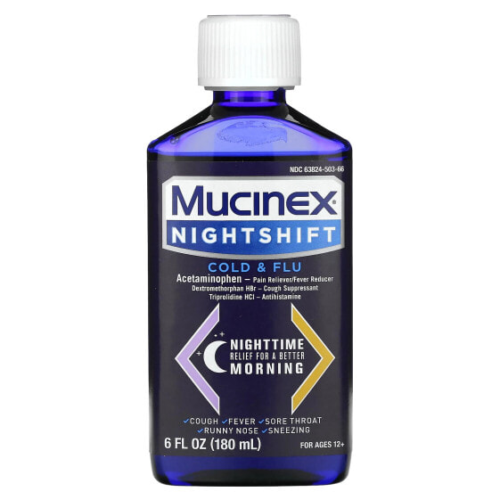 Противовирусное средство от гриппа и простуды Mucinex Nightshift, Cold & Flu для возраста 12+ 180 мл