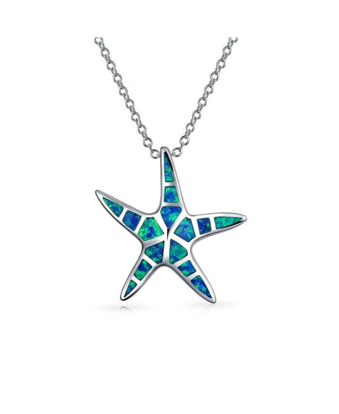 Nautical Pendant Blue Inlay Synthetic Opal Starfish Pendant Necklace For Women For Sterling Silver