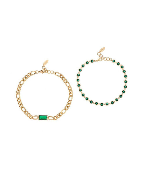 Bejeweled Emerald 18K Gold Plated Anklet Set, 2 Pieces