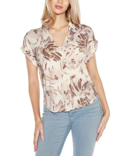 Women's Johnny Collar Brushed Floral Printed Top