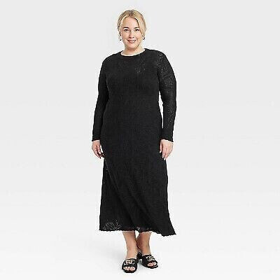 Women's Long Sleeve Maxi Pointelle Dress - A New Day Black XXL