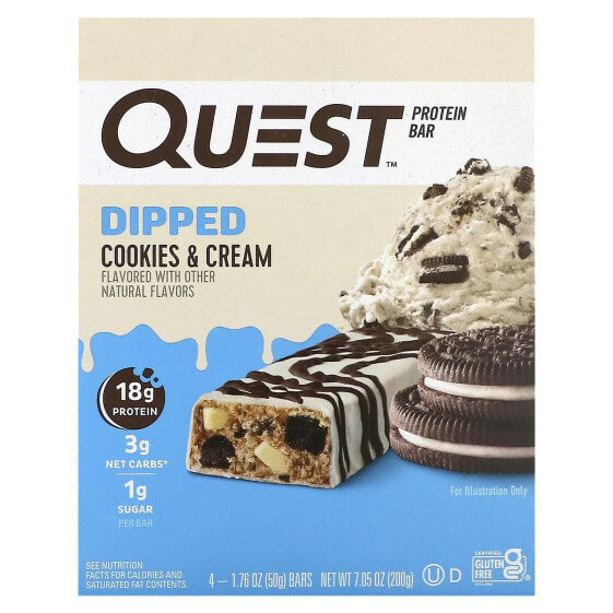 Protein Bar, Dipped Cookies & Cream, 4 Bars, 1.76 oz (50 g) Each