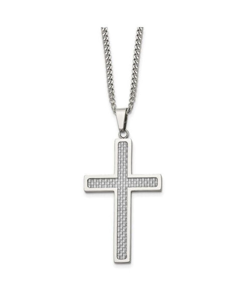 Grey Carbon Fiber Inlay Large Cross Pendant Curb Chain Necklace