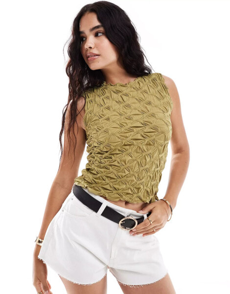 Vero Moda scrunch sleeveless jersey top in olive