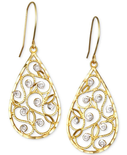 Two-Tone Filigree Teardrop Drop Earrings in 10k Gold