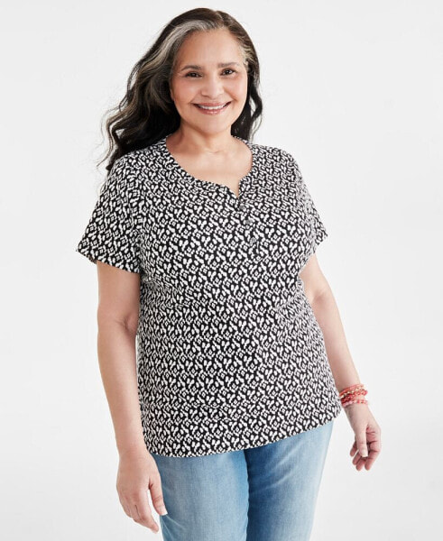 Plus Size Printed Short-Sleeve Henley Top, Created for Macy's