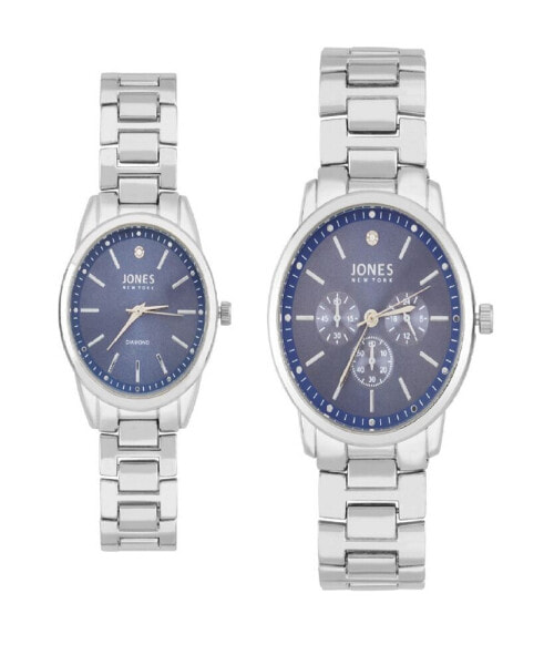 Men and Women's Analog Shiny Silver-Tone Metal Bracelet His Hers Watch 42mm, 32mm Gift Set