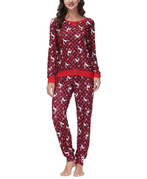 Women's Printed Crew Neck Long Sleeve Top with Jogger 2 Pc Pajama Set