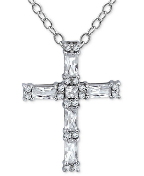 Giani Bernini cubic Zirconia Baguette & Round Cross Pendant Necklace, 16" + 2" extender, Created for Macy's