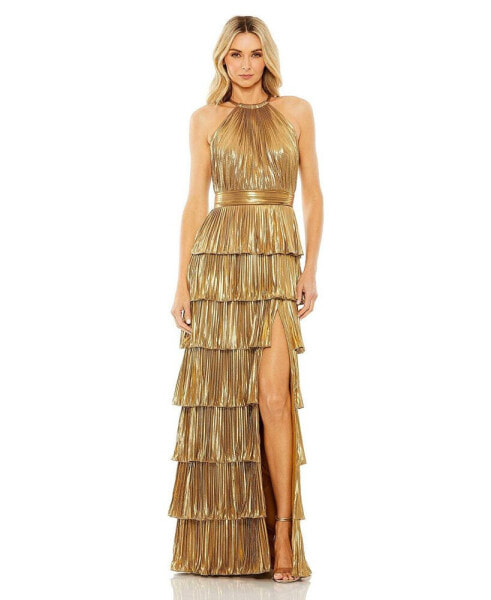 Women's Ieena Heat Pleated Tiered Ruffle Metallic Gown