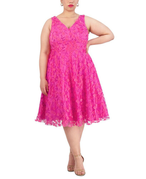 Plus Size 3D Floral-Applique Fit & Flare Dress