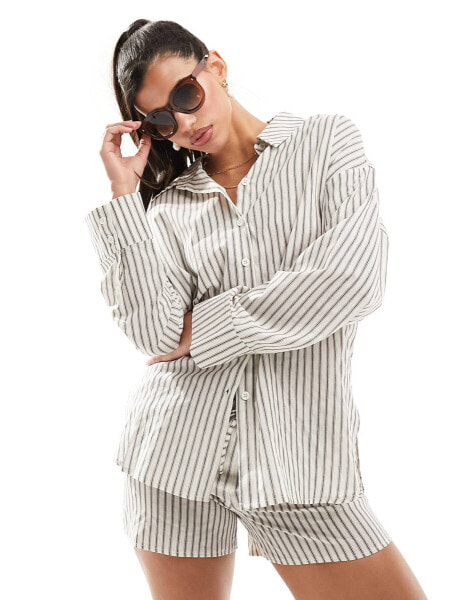 Kaiia cotton linen look shirt co-ord in cream stripe