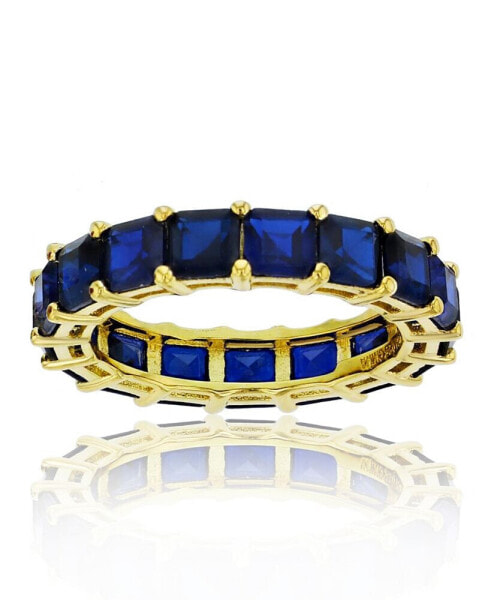 Created Blue Spinel Princess Cut Eternity Band in 14k Yellow Gold Plated Sterling Silver