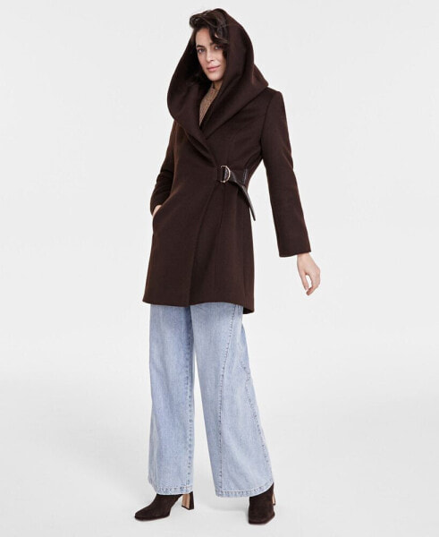 Women's Belted Hooded Shawl Wrap Coat