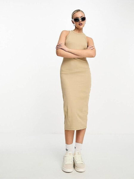 JJXX ribbed racer neck midaxi dress in sand